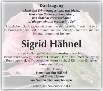 Traueranzeige von Sigrid Hähnel von Super Sonntag Merseburg