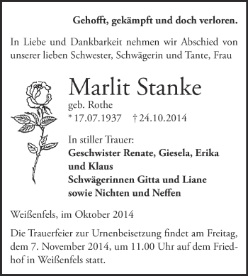 Traueranzeige von Marlit Stanke von Super Sonntag Merseburg