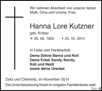 Traueranzeige von Hanna Lore Kutzner von Super Sonntag Zeitz