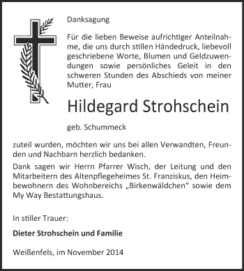 Traueranzeige von Hildegard Strohschein von Super Sonntag Merseburg