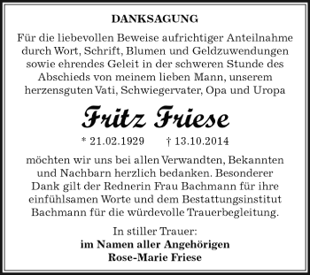 Traueranzeige von Fritz Friese von WVG - Wochenspiegel Dessau / Köthen