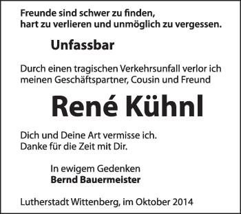 Traueranzeige von Rene Kühnl von Super Sonntag Wittenberg