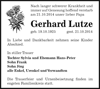 Traueranzeige von Gerhard Lutze von WVG - Wochenspiegel Dessau / Köthen