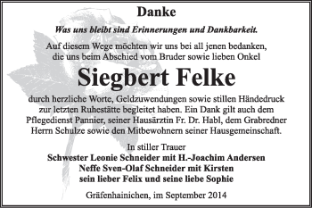 Traueranzeige von Siegbert Felke von Super Sonntag Wittenberg