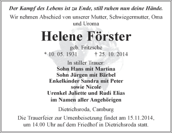 Traueranzeige von Helene Förster von WVG - Wochenspiegel NMB / WSF / ZTZ