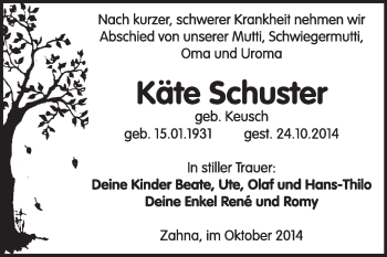Traueranzeige von Käte Schuster von Super Sonntag Wittenberg