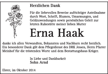 Traueranzeige von Erna Haak von WVG - Wochenspiegel Wittenberg