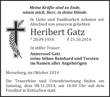 Traueranzeige von Heribert Gatz von WVG - Wochenspiegel Merseburg