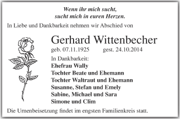 Traueranzeige von Gerhard Wittenbecher von Super Sonntag Merseburg