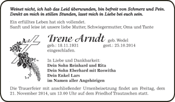 Traueranzeige von Irene Arndt von Super Sonntag Zeitz