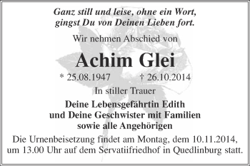 Traueranzeige von Achim Glei von WVG - Wochenspiegel Quedlinburg