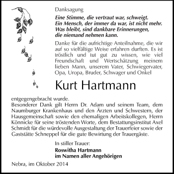 Traueranzeige von Kurt Hartmann von WVG - Wochenspiegel NMB / WSF / ZTZ