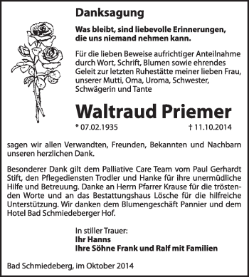 Traueranzeige von Waltraud Priemer von WVG - Wochenspiegel Wittenberg