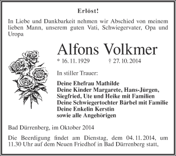 Traueranzeige von Alfons Volkmer von Super Sonntag Merseburg