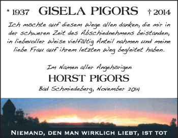 Traueranzeige von Gisela Pigors von Super Sonntag Wittenberg