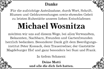 Traueranzeige von Michael Wosnitza von WVG - Wochenspiegel Dessau / Köthen