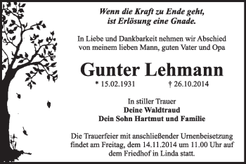 Traueranzeige von Gunter Lehmann von WVG - Wochenspiegel Wittenberg