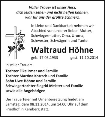 Traueranzeige von Waltraud Höhne von Super Sonntag Wittenberg
