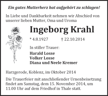 Traueranzeige von Ingeborg Krahl von WVG - Wochenspiegel Quedlinburg