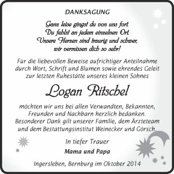 Traueranzeige von Logan Ritschel von Super Sonntag Bernburg