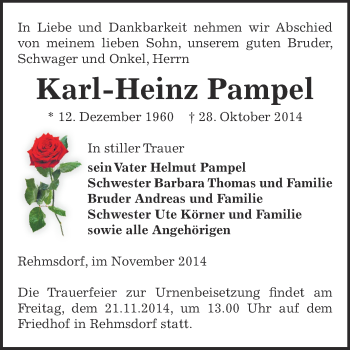 Traueranzeige von Karl-Heinz Pampel von Super Sonntag Zeitz