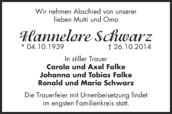 Traueranzeige von Hannelore Schwarz von Super Sonntag Bernburg