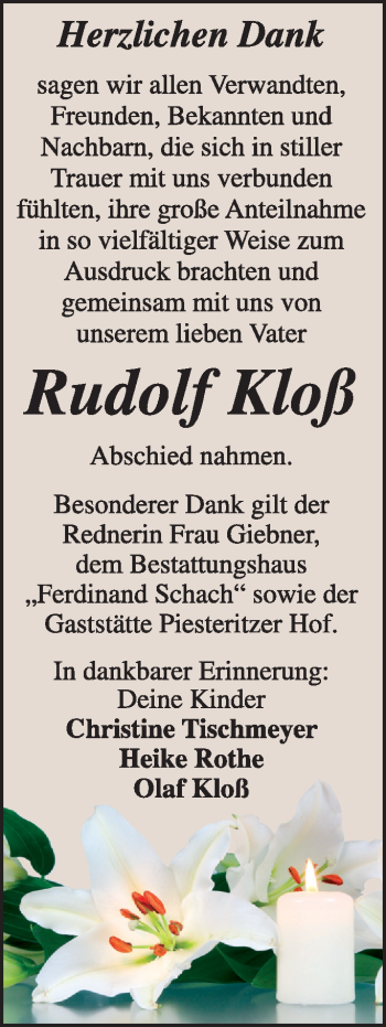 Traueranzeige von Rudolf Kloß von Super Sonntag Wittenberg