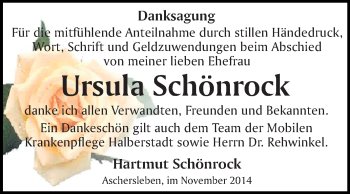 Traueranzeige von Ursula Schönrock von WVG - Wochenspiegel Quedlinburg