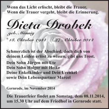 Traueranzeige von Dieta Drobek von WVG - Wochenspiegel Quedlinburg