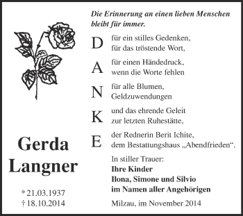 Traueranzeige von Gerda Langner von WVG - Wochenspiegel Merseburg
