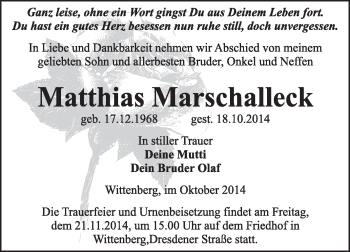 Traueranzeige von Matthias Marschalleck von Super Sonntag Wittenberg