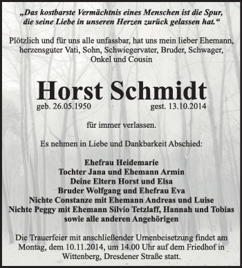 Traueranzeige von Horst Schmidt von WVG - Wochenspiegel Wittenberg