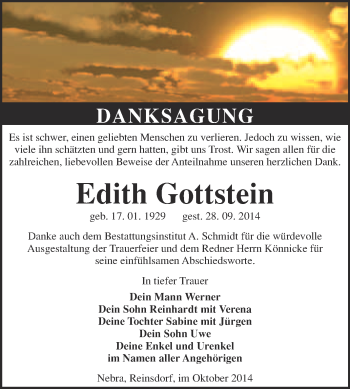 Traueranzeige von Edith Gottstein von WVG - Wochenspiegel NMB / WSF / ZTZ