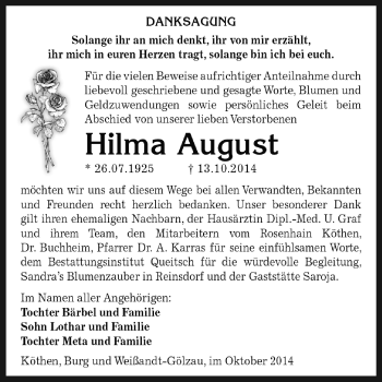 Traueranzeige von Hilma August von WVG - Wochenspiegel Dessau / Köthen