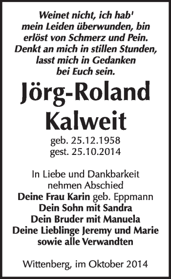 Traueranzeige von Jörg-Roland Kalweit von WVG - Wochenspiegel Wittenberg