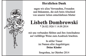 Traueranzeige von Lisbeth Dombrowski von Super Sonntag Wittenberg