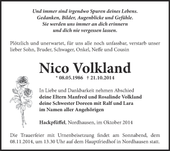 Traueranzeige von Nico Volkland von Super Sonntag SGH Mansf. Land