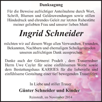 Traueranzeige von Ingrid Schneider von WVG - Wochenspiegel Quedlinburg