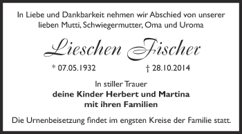 Traueranzeige von Lischen Fischer von Super Sonntag Bernburg