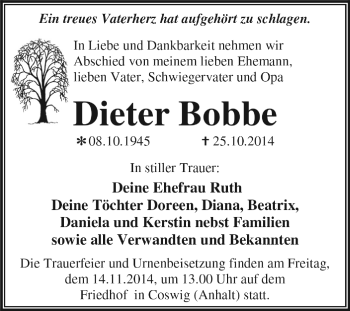 Traueranzeige von Dieter Bobbe von WVG - Wochenspiegel Dessau / Köthen