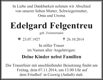 Traueranzeige von Edelgard Felgentreu von WVG - Wochenspiegel Dessau / Köthen