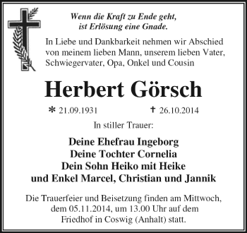 Traueranzeige von Herbert Görsch von WVG - Wochenspiegel Dessau / Köthen
