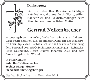 Traueranzeige von Gertrud Nelkenbrecher von Super Sonntag Zeitz