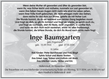 Traueranzeige von Inge Baumgarten von WVG - Wochenspiegel Quedlinburg