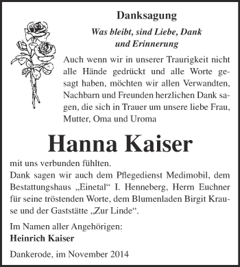 Traueranzeige von Hanna Kaiser von Super Sonntag Quedlinburg