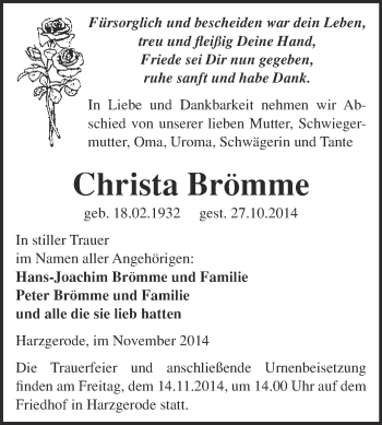 Traueranzeige von Christa Brömme von Super Sonntag Quedlinburg