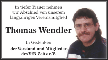 Traueranzeige von Thomas Wendler von Super Sonntag Zeitz