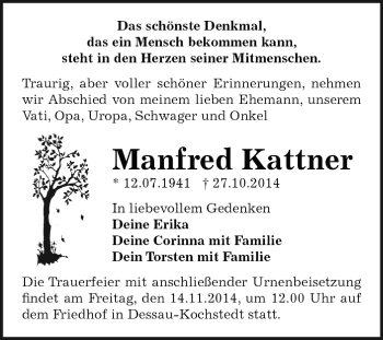 Traueranzeige von Manfred Kattner von WVG - Wochenspiegel Dessau / Köthen