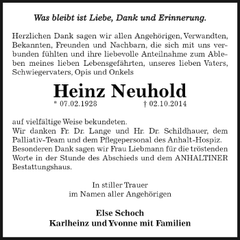 Traueranzeige von Heinz Neuhold von WVG - Wochenspiegel Dessau / Köthen
