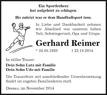 Traueranzeige von Gerhard Reimer von WVG - Wochenspiegel Dessau / Köthen
